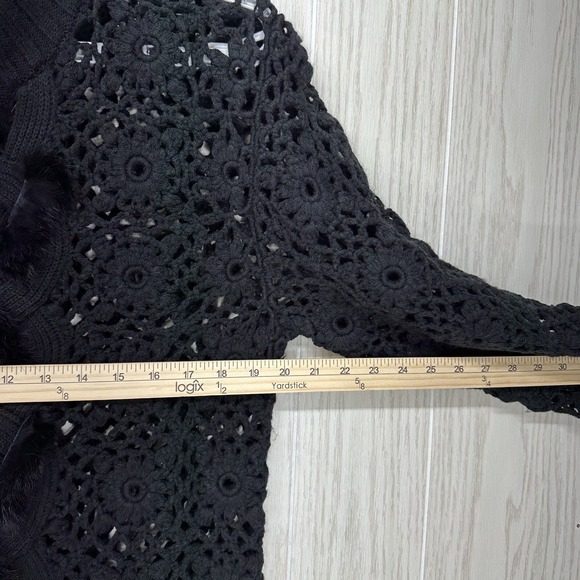Great Cavalier by St Paul Cardigan Women Large Black Crochet Full Zip Fur Detail - Picture 9 of 11